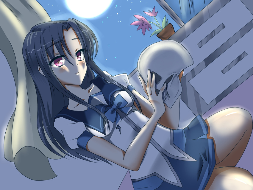 bad_id bad_pixiv_id blue_eyes blue_hair curtains flower highres kashiwagi_sonoko kneeling long_hair moonlight night night_sky school_uniform serafuku skull sky smile window yandere_no_onna_no_ko_ni_shinu_hodo_aisarete_nemurenai_cd