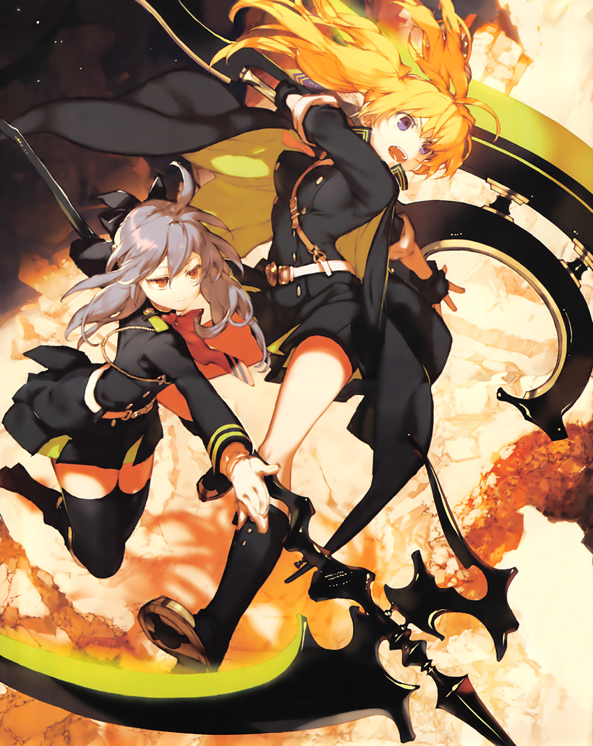 black_footwear black_legwear blonde_hair blue_eyes boots brown_eyes fingerless_gloves gloves highres hiiragi_shinoa knee_boots kneehighs long_hair military military_uniform multiple_girls official_art open_mouth owari_no_seraph sanguu_mitsuba scythe silver_hair sleeves_rolled_up smile thighhighs uniform weapon yamamoto_yamato zettai_ryouiki