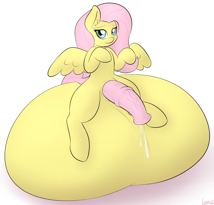 2014 animal_genitalia balls big_balls cum dickgirl equine feral fluttershy_(mlp) friendship_is_magic fur hair horsecock hyper hyper_balls intersex lamiaaaa looking_at_viewer mammal my_little_pony pegasus penis pink_fur plain_background solo white_background wings yellow_fur