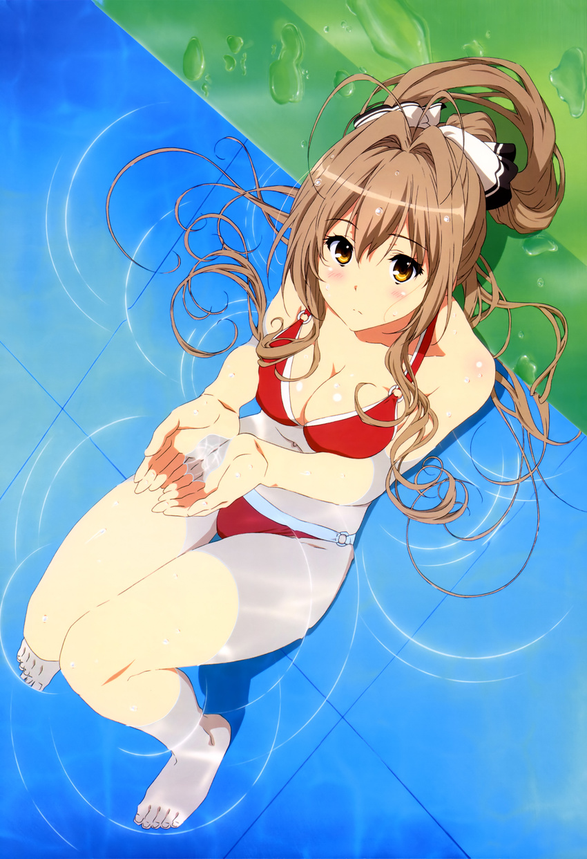 absurdres amagi_brilliant_park artist_request bare_shoulders barefoot bikini blush bow breast_press breasts brown_hair cleavage cupping_hands from_above frown hair_between_eyes hair_bow hair_intakes highres knees_together_feet_apart knees_up long_hair looking_at_viewer looking_up medium_breasts nyantype o-ring o-ring_bikini o-ring_bottom o-ring_top official_art partially_submerged pool reclining red_bikini ripples sento_isuzu sidelocks solo swimsuit water water_drop yellow_eyes