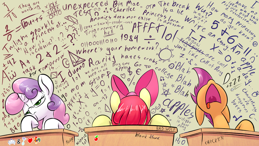 &lt;3 2014 apple apple_bloom_(mlp) avian bird bow chicken desk earth_pony english_text equation equine female friendship_is_magic fruit group hair horn horse mammal math my_little_pony pegasus pony purple_hair red_hair scootaloo_(mlp) sleeping sweetie_belle_(mlp) text tic-tac-toe tongue tongue_out triangle two_tone_hair underpable unicorn wings