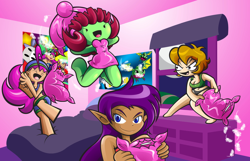 alien antennae bedroom blue_eyes brown_hair cleavage clothed clothing crossover eyes_closed female genie green_skin hair looking_at_viewer luna machine mechanical mighty_milky_way mighty_switch_force mikeharvey monochrome patricia_wagon pillow poster purple_hair robot shantae shantae_(series) wide_hips