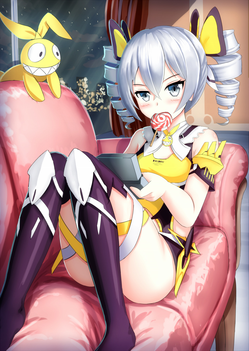 1girl arlly_radithia ass bangs bare_shoulders benghuai_xueyuan blush breasts bronya_zaychik candy cityscape cloud commentary_request convenient_leg couch curtains drill_hair eyebrows_visible_through_hair food food_in_mouth grey_eyes hair_between_eyes head_tilt highres holding homu_(honkai_impact) honkai_impact indoors lollipop looking_at_viewer mouth_hold night night_sky on_couch purple_legwear silver_hair sky small_breasts star_(sky) starry_sky stuffed_animal stuffed_bunny stuffed_toy swirl_lollipop thighhighs twin_drills window wittyz