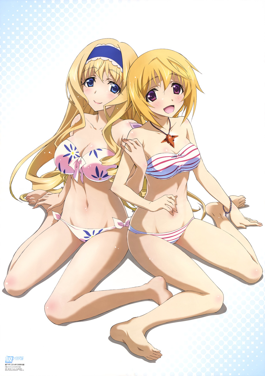 :d absurdres bandeau bare_shoulders barefoot bikini blonde_hair blue_eyes blue_hairband blush bracelet breasts cecilia_alcott charlotte_dunois cleavage collarbone drill_hair floral_print frills front-tie_top full_body glint groin hairband highres horii_kumi infinite_stratos jewelry large_breasts lips locked_arms long_hair long_legs looking_at_viewer midriff multiple_girls navel necklace nyantype official_art open_mouth purple_eyes scan shiny shiny_hair shiny_skin side-tie_bikini sitting smile striped striped_bikini swimsuit very_long_hair wariza