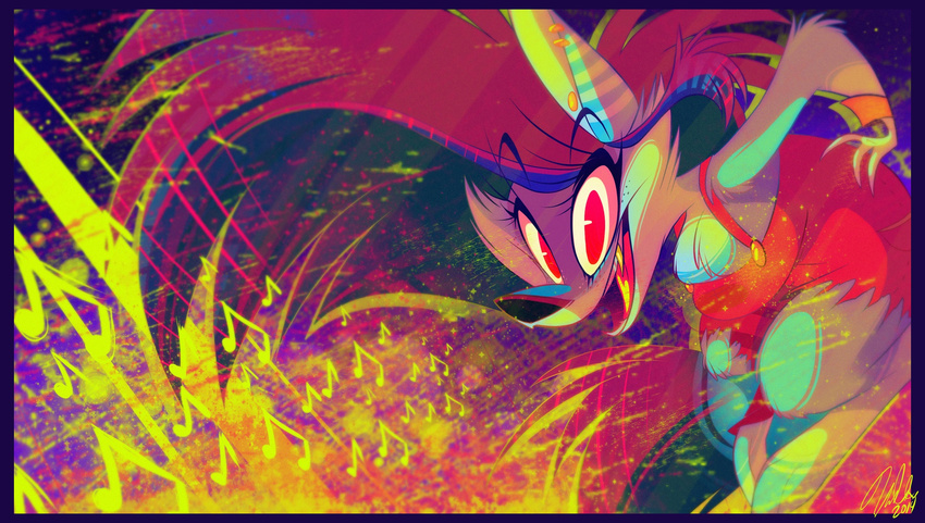 2014 abstract_background anthro big_breasts big_hair black_nose blue_body blue_fur blue_hair bracelet breasts canid canine canis clothed clothing colorful_theme digitigrade ear_piercing fangs female fur gold_(metal) gold_tooth hair hi_res jayjay_(zoophobia) jewelry legwear long_hair looking_at_viewer mammal mythological_canine mythological_creature mythology open_mouth paws piercing pose red_eyes sharp_teeth simple_background solo standing stockings teeth tongue torn_clothing vivzmind were werecanid werecanine werewolf wolf zoophobia