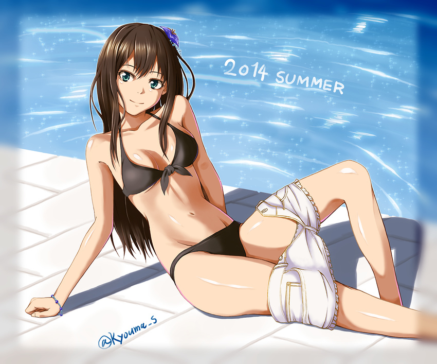 arm_support bikini brown_hair green_eyes idolmaster idolmaster_cinderella_girls long_hair poolside shibuya_rin shigarami_kyouma shorts shorts_pull sitting swimsuit twitter_username