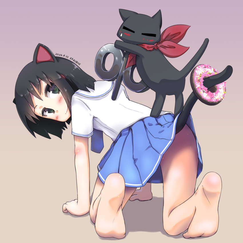 all_fours animal_ears bandana barefoot black_eyes black_hair blush cat cat_ears cat_tail doughnut feet food food_on_tail green_eyes heart heart-shaped_pupils highres kazuboh looking_back md5_mismatch nichijou sakamoto_(nichijou) school_uniform serafuku shinonome_nano short_hair skirt smile soles symbol-shaped_pupils tail tokisadame_school_uniform winding_key