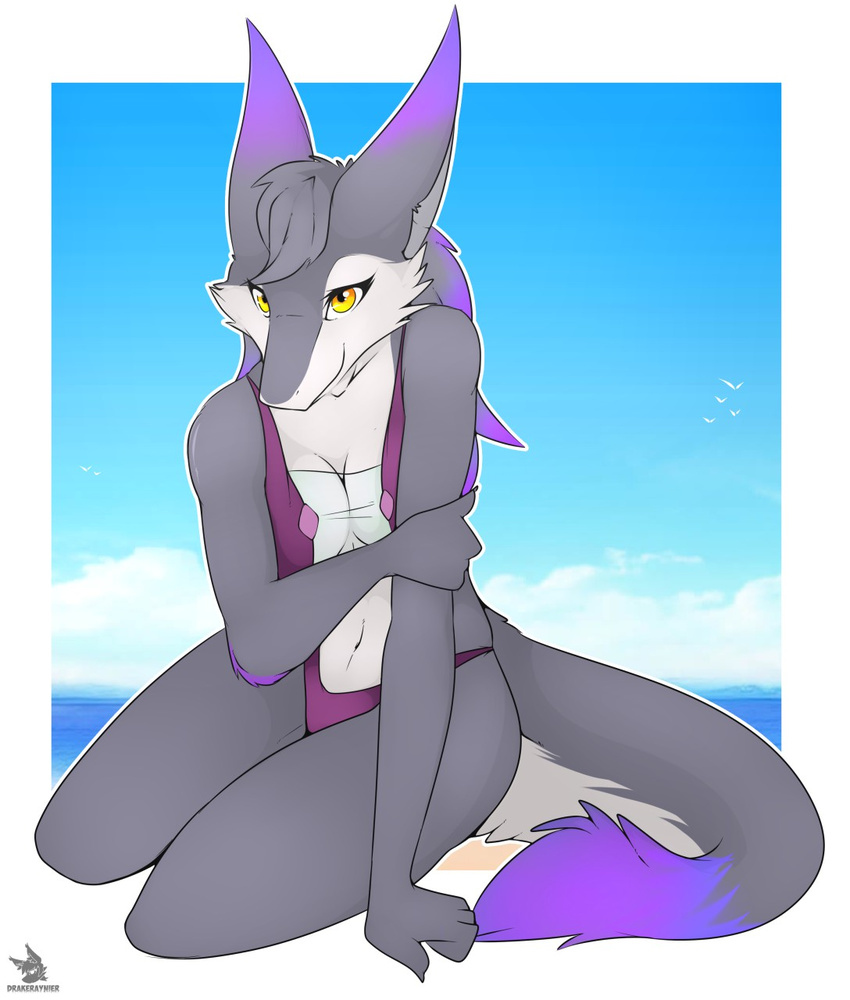 anthro avoid_posting breasts clothing conditional_dnp digital_media_(artwork) drakeraynier female fur grey_body grey_fur hi_res looking_at_viewer mammal navel purple_body purple_fur sergal smile solo storm_(stormblazer) swimwear white_body white_fur yellow_eyes
