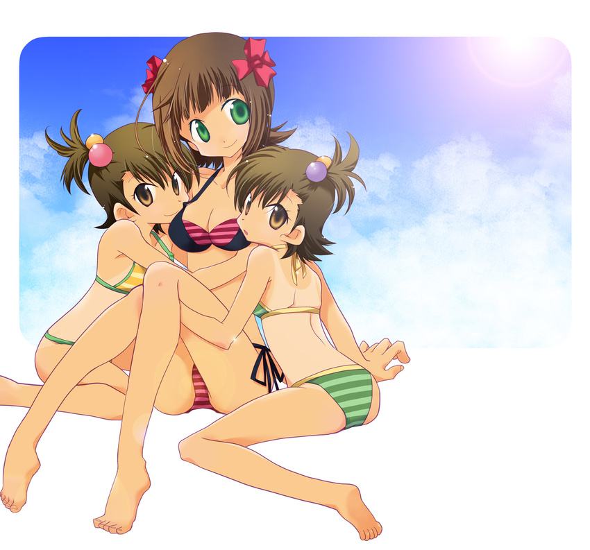 amami_haruka barefoot bikini bow breasts brown_eyes brown_hair cleavage feet futami_ami futami_mami green_bikini green_eyes hair_bobbles hair_bow hair_ornament highres hug idolmaster idolmaster_(classic) legs medium_breasts multiple_girls one-piece_tan pink_bikini shiu_kazuki short_hair siblings side-tie_bikini side_ponytail sisters small_breasts striped striped_bikini striped_swimsuit sun swimsuit tan tanline twins