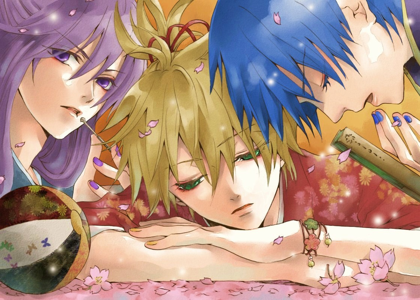 animal_print arm_pillow ball bangs blonde_hair blue_hair blue_nails bracelet butterfly_print cherry_blossoms closed_fan commentary_request eyebrows_visible_through_hair fan floral_print flower folding_fan green_eyes hair_between_eyes hair_ornament hakuseki half-closed_eyes hand_on_own_arm head_rest japanese_clothes jewelry kagamine_len kaito kamui_gakupo kimono lips long_hair looking_at_viewer looking_away looking_down male_focus multiple_boys nail_polish parted_lips petals pink_flower pipe ponytail profile purple_eyes purple_hair purple_nails red_kimono temari_ball vocaloid yawning yumemiru_kotori_(vocaloid)