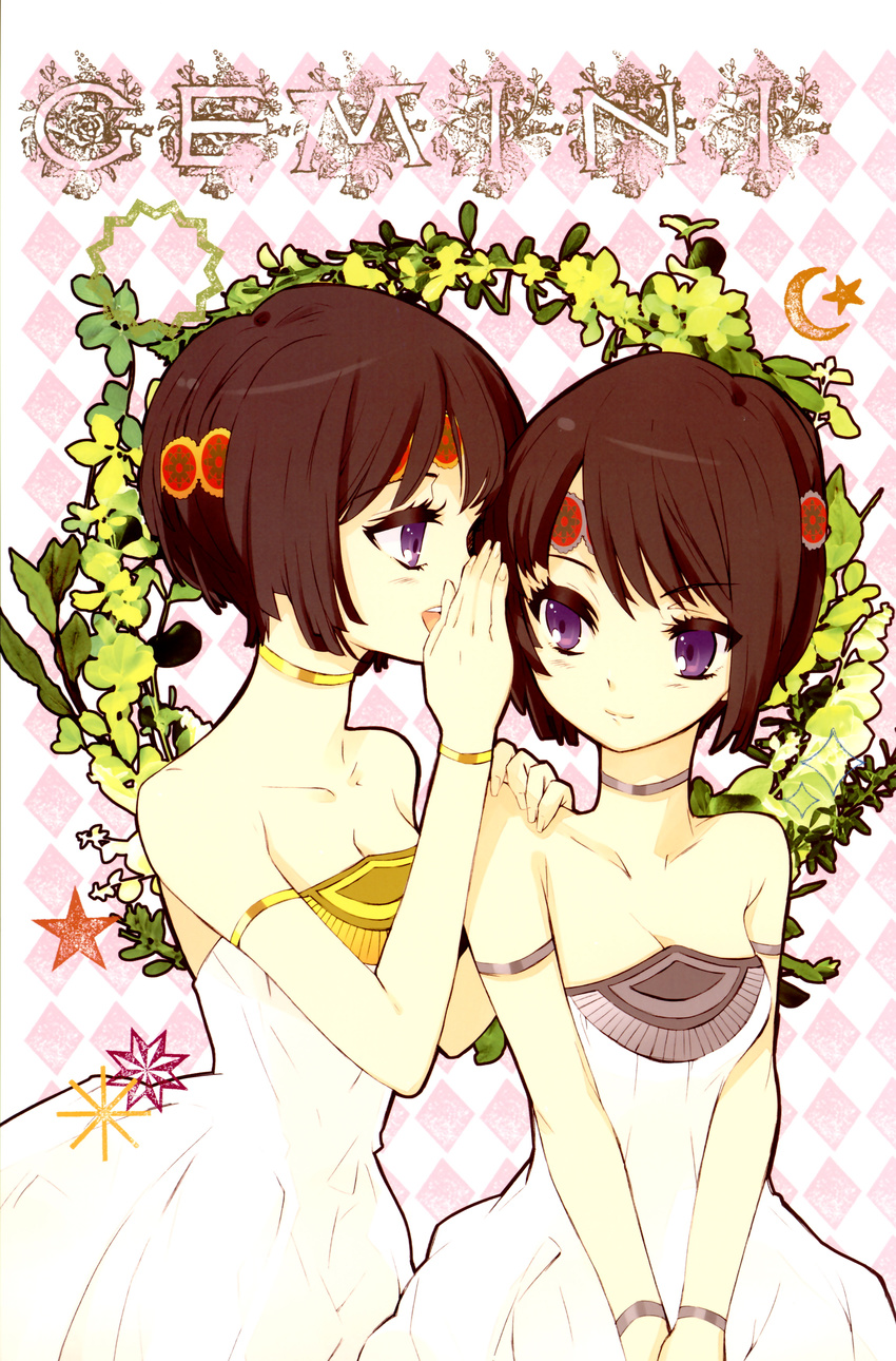 absurdres bare_shoulders bracelet breasts brown_hair cleavage gemini highres itou_noiji jewelry multiple_girls necklace open_mouth original purple_eyes siblings sisters small_breasts smile twins whispering zodiac