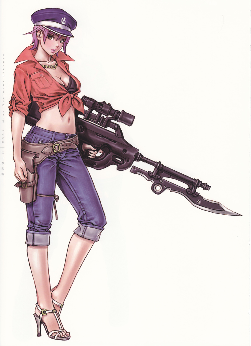 absurdres bayonet breasts bullpup capri_pants cleavage denim feet front-tie_top green_eyes gun hat high_heels highres holster huge_weapon jeans jewelry knife large_breasts lips lipstick makeup midriff navel necklace nida_schuetlitch open_toe_shoes pants peaked_cap purple_hair rifle sandals scope shirt shoes short_hair shuraki sleeves_rolled_up solo standing thigh_holster tied_shirt toes weapon yamashita_shun'ya