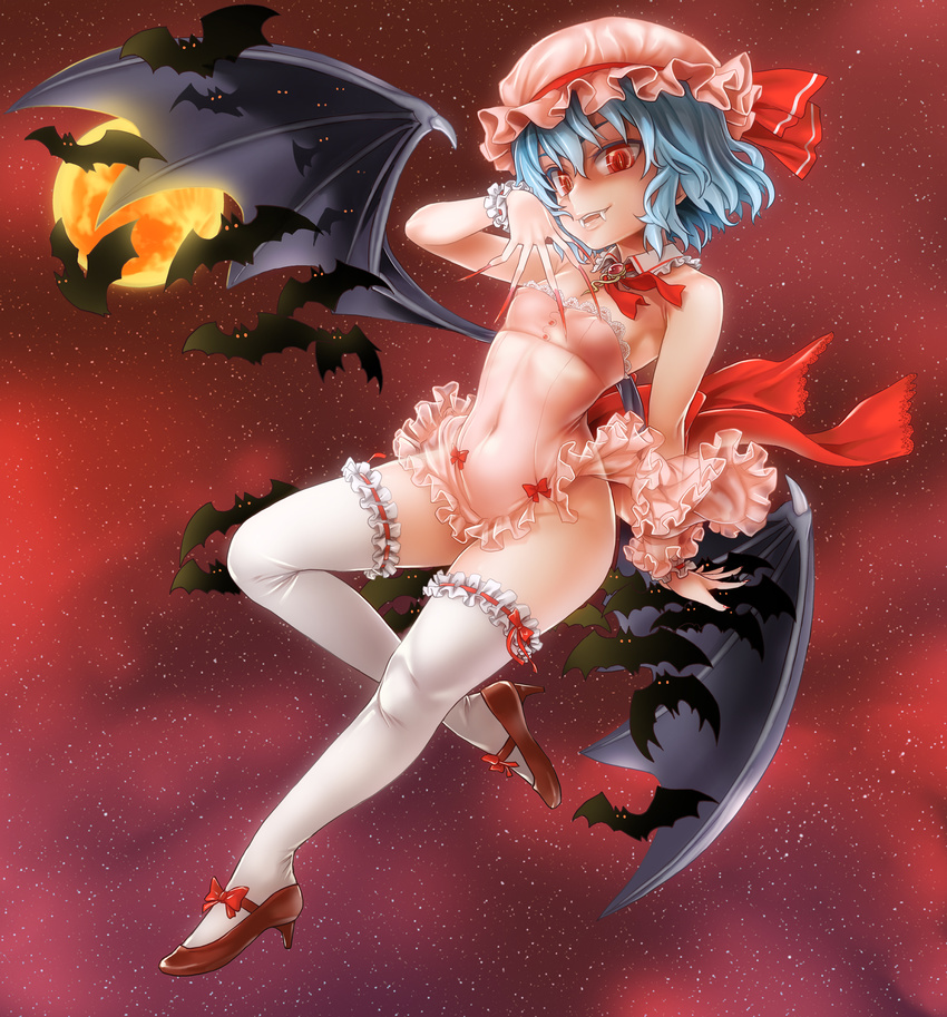 alternate_costume asanagi bare_shoulders bat bat_wings blue_hair bow brooch covered_navel covered_nipples detached_collar fangs fingernails flat_chest full_moon hat high_heels highres jewelry legs long_fingernails mob_cap moon night petite red_eyes remilia_scarlet ribbon-trimmed_legwear ribbon_trim see-through shoes short_hair sky smile solo star_(sky) starry_sky thighhighs touhou vampire white_legwear wings