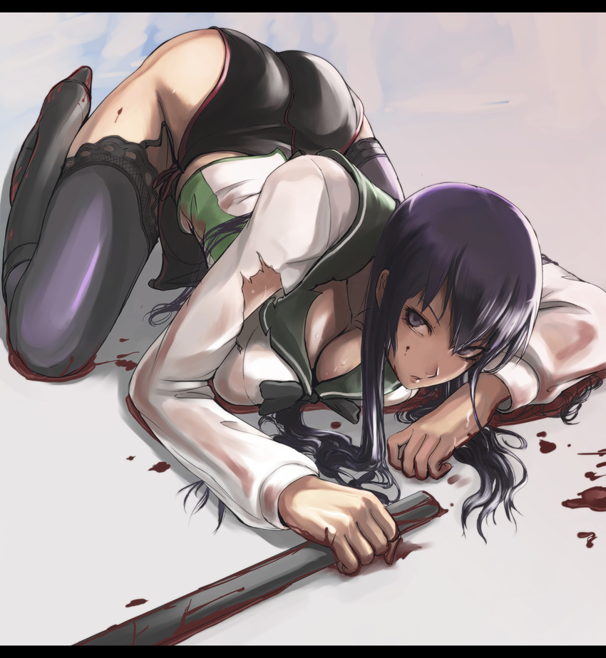 ass blood boots breast_press breasts busujima_saeko cleavage downblouse face highres highschool_of_the_dead huge_breasts lingerie long_hair panties purple_eyes purple_hair school_uniform solo tea_(nakenashi) thighhighs top-down_bottom-up torn_clothes underwear