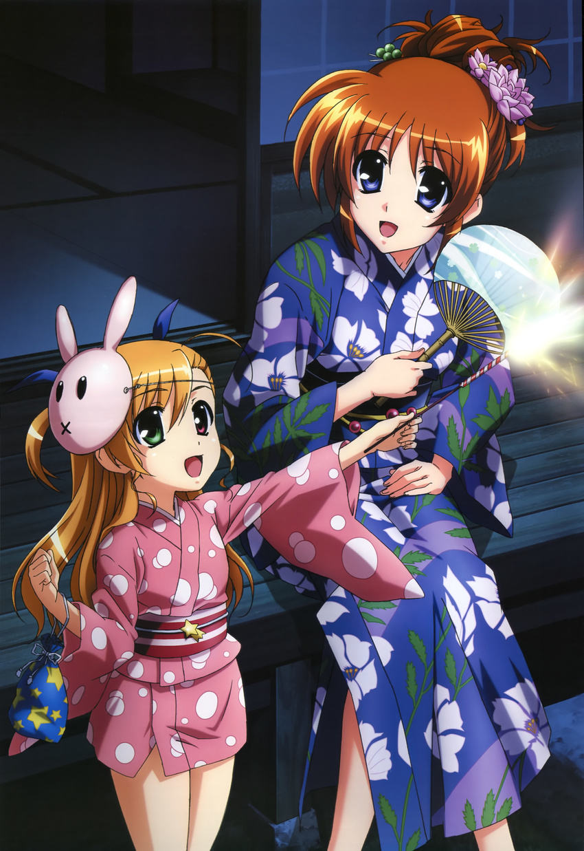 absurdres aerial_fireworks ahoge alternate_hairstyle blonde_hair blue_kimono brown_hair fan fireworks floral_print flower green_eyes hair_flower hair_ornament hashimoto_takayoshi heterochromia highres japanese_clothes kimono kimono_skirt long_hair lyrical_nanoha mahou_shoujo_lyrical_nanoha_strikers mahou_shoujo_lyrical_nanoha_vivid multiple_girls non-web_source nyantype official_art open_mouth paper_fan pink_kimono polka_dot polka_dot_kimono print_kimono purple_eyes red_eyes sacred_heart short_kimono short_yukata sparkler takamachi_nanoha uchiwa very_long_hair vivio yukata