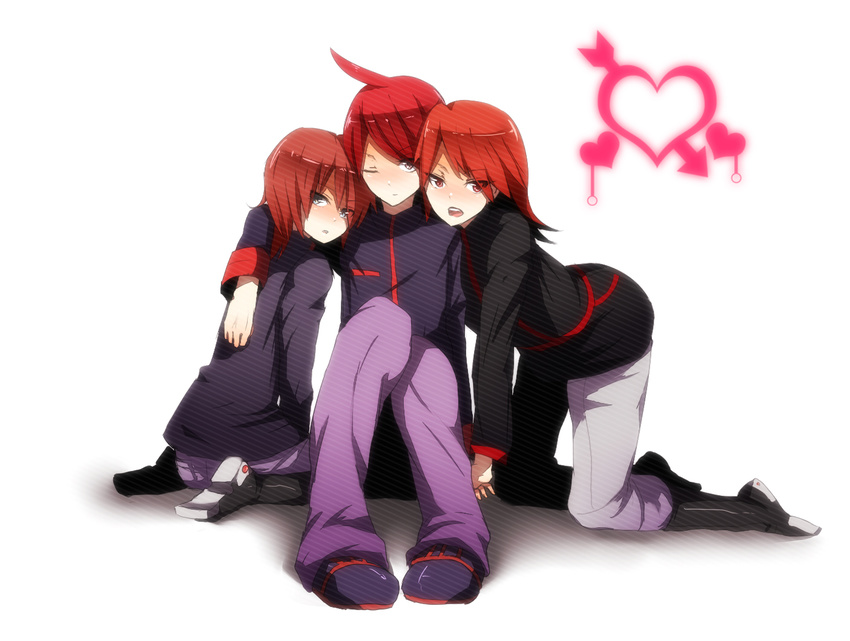 ahoge alternate_costume boots choco_mochi full_body heart multiple_boys multiple_persona open_mouth pokemon pokemon_(game) pokemon_gsc pokemon_hgss pokemon_special red_eyes red_hair silver_(pokemon) silver_eyes simple_background sitting wallpaper