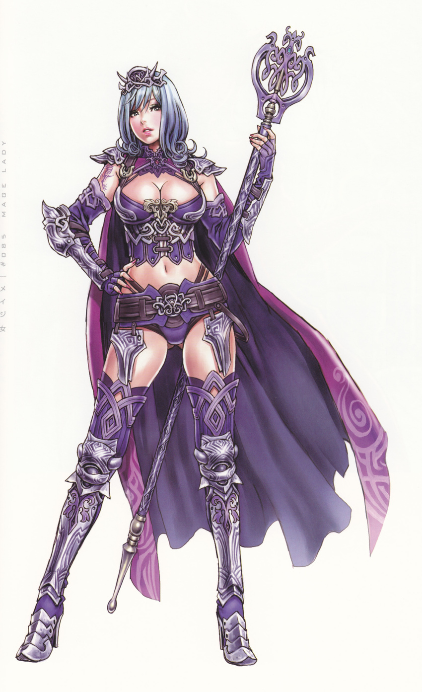 absurdres armor blue_eyes blue_hair blush boots breasts cape cleavage copyright_request elbow_gloves fingerless_gloves fingernails gloves green_eyes high_heels highres large_breasts lips lipstick long_hair makeup midriff nail_polish navel pink_nails shoes short_hair shoulder_pads solo staff tattoo thigh_boots thighhighs tiara weapon yamashita_shun'ya