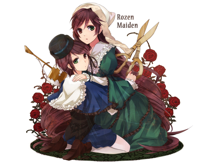 bad_id bad_pixiv_id brown_hair dress flower fujiwara_truffe hairband hat heterochromia highres kneeling long_hair multiple_girls pantyhose red_flower red_rose rose rozen_maiden scissors short_hair siblings sisters souseiseki suiseiseki twins very_long_hair watering_can