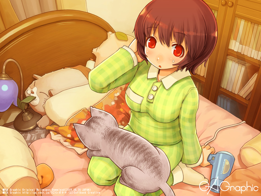 adjusting_hair bed book brown_hair cat from_above gagraphic hair_dryer lamp pajamas red_eyes shigatake short_hair solo