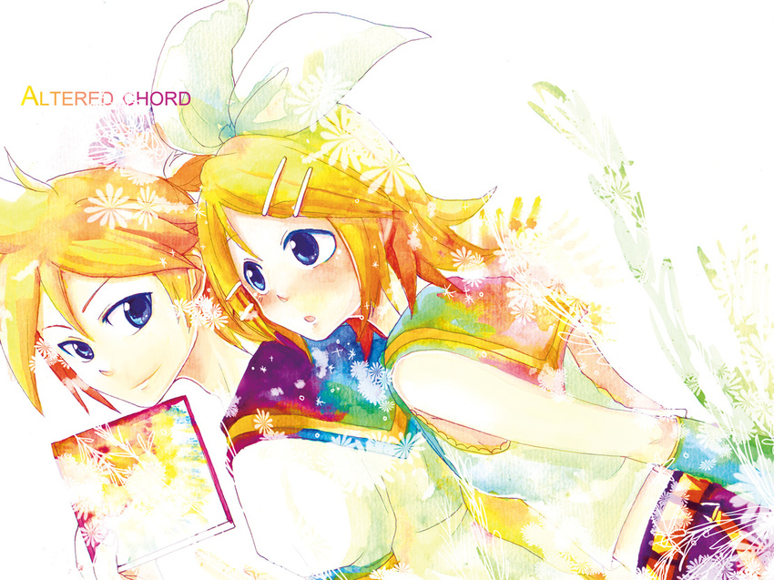 1girl bad_id bad_pixiv_id blonde_hair blue_eyes brother_and_sister kagamine_len kagamine_rin sailor_collar shinigami_a siblings twins vocaloid
