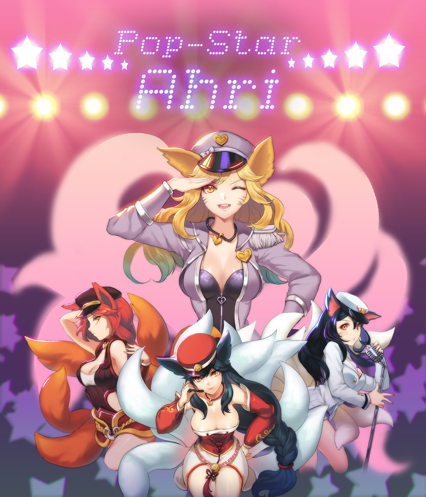 ;d ahri alternate_costume alternate_hair_color animal_ears bare_shoulders bell black_hair blonde_hair braid breasts buttons character_name cleavage cosplay dakun detached_sleeves epaulettes facial_mark fox_ears fox_tail foxfire_ahri generation_ahri girls'_generation gradient hand_on_hip hat headset heart heart_necklace highres idol jacket jewelry jingle_bell korean_clothes large_breasts league_of_legends lights long_hair long_sleeves looking_at_viewer looking_back microphone microphone_stand military military_uniform multiple_girls multiple_tails naval_uniform necklace one_eye_closed open_clothes open_jacket open_mouth peaked_cap popstar_ahri profile red_hair rope salute sidelocks single_braid slit_pupils smile star tail tassel uniform very_long_hair whisker_markings yellow_eyes zipper