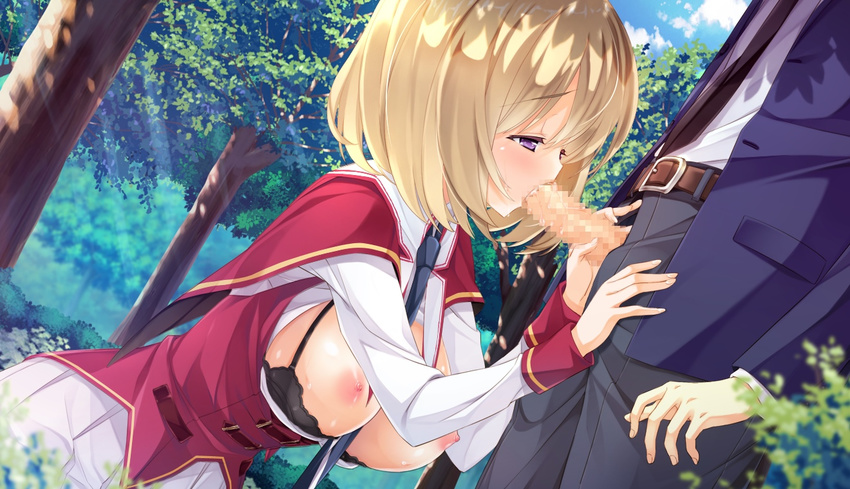 1girl areolae ashishun belt blonde_hair blush bra breasts breasts_outside censored fellatio forest game_cg highres kneeling kokonoka large_breasts nature nipples open_clothes oral penis primal_x_hearts purple_eyes sasorigatame school_uniform short_hair standing tree trees underwear