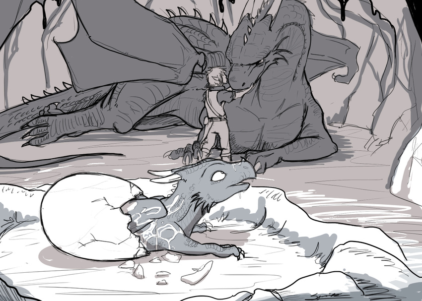claws cub dragon egg eragon eragon_(character) female feral greyscale group hatchling horn human kissing male mammal monochrome saphira scales scalie spines syrinoth wings young