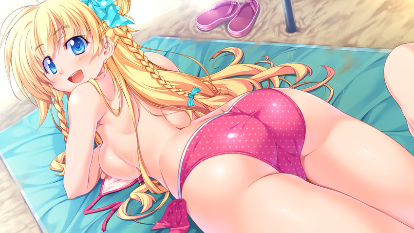 :d ass back bare_legs bikini blue_eyes bow braid breasts game_cg hair_bow half_updo happy highres himegoto_union himeria_la_turion_himeriel long_hair looking_at_viewer looking_back lying medium_breasts on_stomach open_mouth pink_bikini polka_dot polka_dot_swimsuit sand sandals side-tie_bikini side_braid sideboob smile solo swimsuit takeya_masami tanning topless