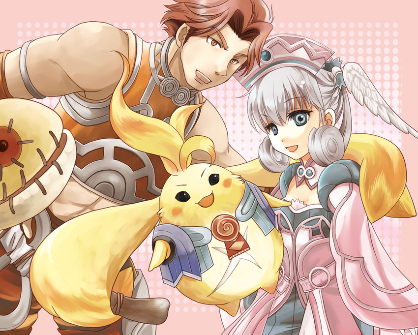 1girl blue_eyes brown_eyes brown_hair curly_hair hat head_wings hypoxis melia midriff nopon rein_(xenoblade) riki_(xenoblade) silver_hair xenoblade_(series) xenoblade_1