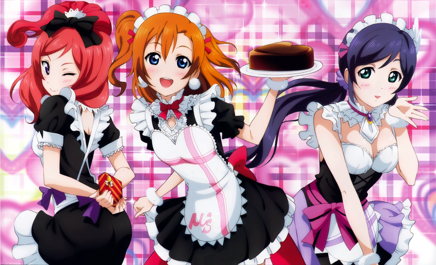absurdres apron arms_behind_back blue_eyes blue_hair blush bow breasts cake chocolate cleavage detexted food green_eyes hair_bow headdress heart-shaped_cake heart-shaped_food highres kousaka_honoka long_hair looking_back love_live! love_live!_school_idol_project medium_breasts mogyutto_"love"_de_sekkin_chuu! multiple_girls nishikino_maki non-web_source official_art one_eye_closed open_mouth orange_hair ponytail purple_eyes red_hair small_breasts third-party_edit toujou_nozomi tray valentine very_long_hair waitress wrist_cuffs