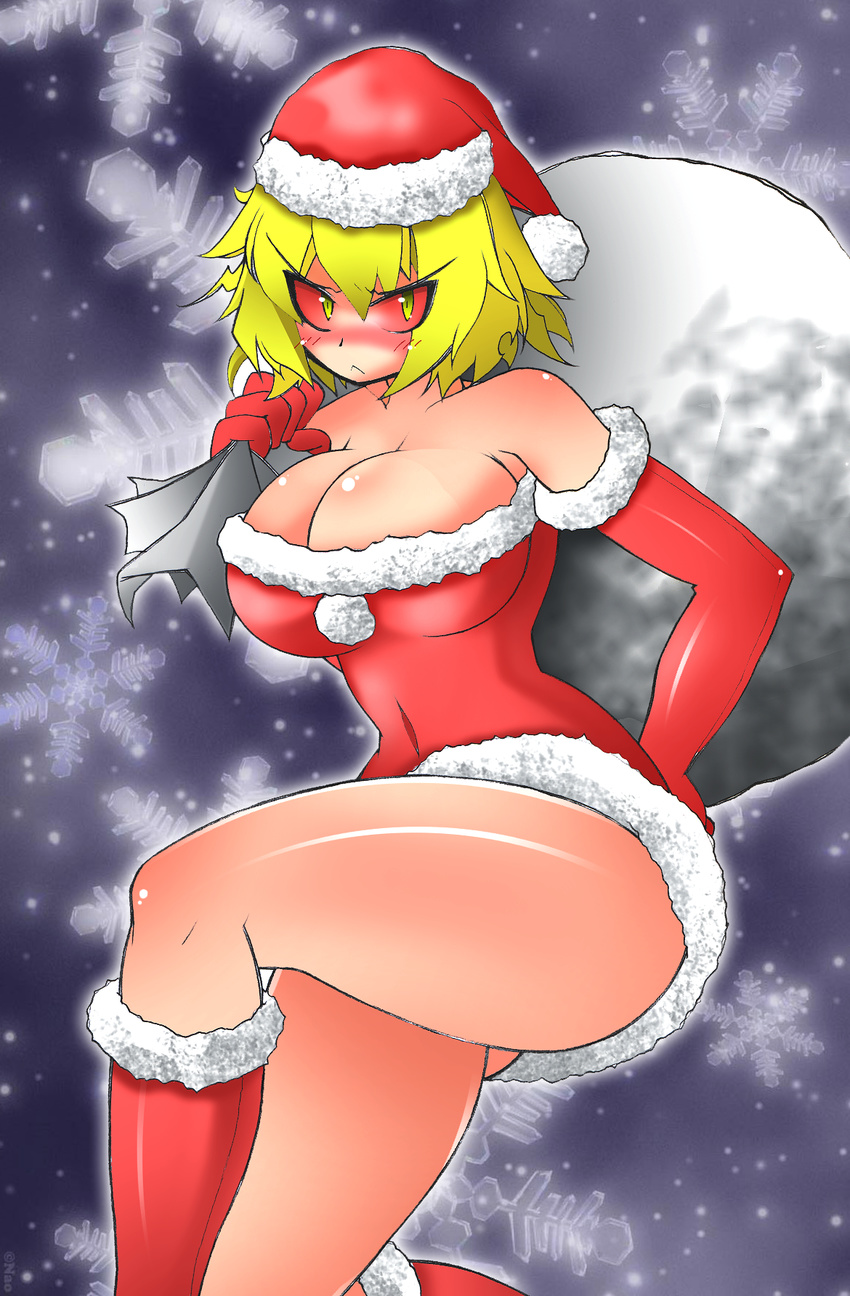 :&lt; arcueid_brunestud ato_(bfj315) bare_shoulders blonde_hair blush boots breasts cleavage dress elbow_gloves full-face_blush gloves hat highres huge_breasts melty_blood red_gloves red_sclera sack santa_costume santa_hat short_dress short_hair solo strapless strapless_dress tsukihime warcueid yellow_eyes