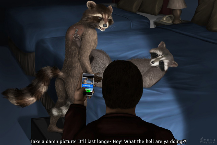 2014 ambiguous_gender anthro anthro_on_feral bed bestiality brown_eyes camera cellphone creative_censorship emptyset feral guardians_of_the_galaxy human interspecies lying male mammal marvel missionary_position on_back phone raccoon rocket_raccoon sex