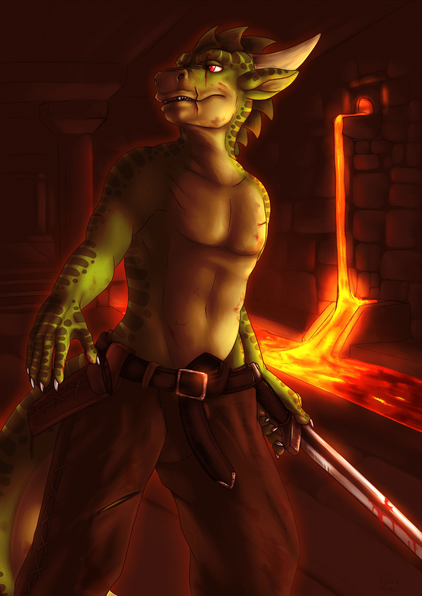 belt bleeding blood claws cuts glowing horn inside lizardlars looking_to_side male molten_metal navel pillars red_eyes scalie shirtles solo spitey sword weapon