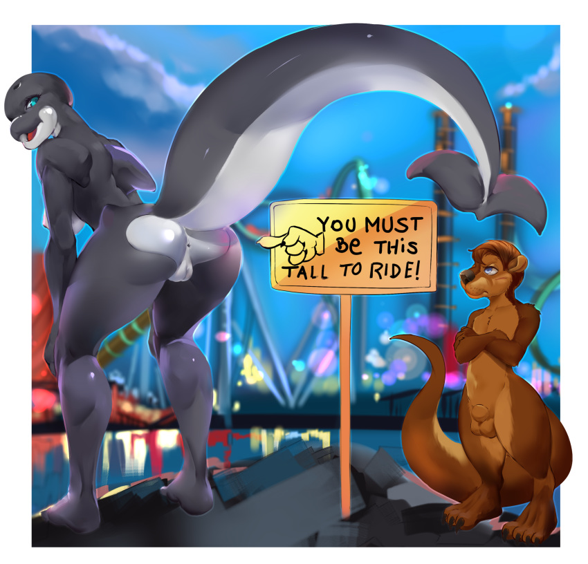 absurd_res amusement_park animal_genitalia anthro anus balls big_butt blowhole blue_eyes breasts brown_fur brown_hair butt cetacean crossed_arms duo female fur hair hi_res lana_(arnethorn) larger_female male mammal marine mustelid nipples orca otter presenting presenting_hindquarters pussy sheath size_difference smaller_male sonechkachizhikov_(artist) teasing thick_tail thick_thighs ulrich_von_waldersee_(arnethorn) whale