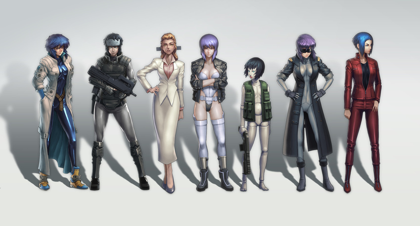 annotated aramaki_motoko blue_eyes breasts cleavage comparison contrapposto cyberpunk cyborg doll_joints ghost_in_the_shell ghost_in_the_shell:_innocence ghost_in_the_shell_2:man_machine_interface ghost_in_the_shell_arise ghost_in_the_shell_lineup ghost_in_the_shell_stand_alone_complex grey_background highres ikegami_noroshi jacket kusanagi_motoko long_hair md5_mismatch medium_breasts multiple_girls multiple_persona purple_hair science_fiction simple_background size_difference standing sunglasses variations