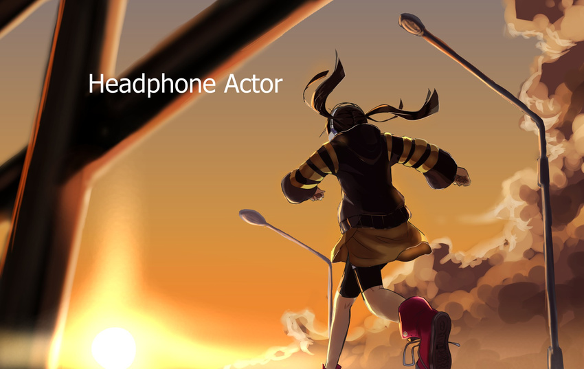 1girl back black_hair commentary_request enomoto_takane greatpengh headphone_actor_(vocaloid) headphones highres kagerou_project long_hair orange_sky running sky solo sunset twintails