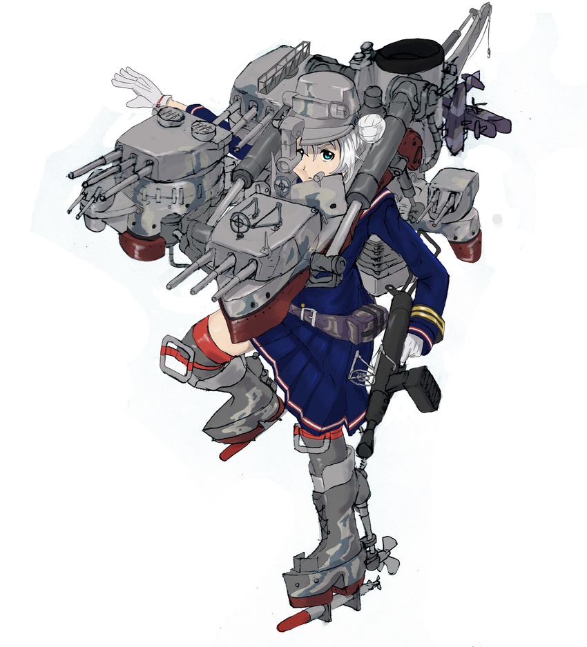 absurdres aircraft airplane belt blue_dress blue_eyes boots cross-laced_footwear dress full_body gloves grey_legwear gun hat highres hms_rodney holding kantai_collection kneehighs long_sleeves machinery military military_uniform original outstretched_arm royal_navy short_hair simple_background solo torpedo turret uniform united_kingdom walkure_(w-alkur-e) weapon white_background white_gloves white_hair