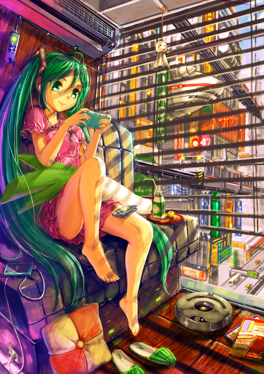air_conditioner barefoot blinds couch crazypen cushion earbuds earphones green_eyes green_hair hatsune_miku highres indoors long_hair sitting slippers solo teruterubouzu twintails very_long_hair vocaloid window
