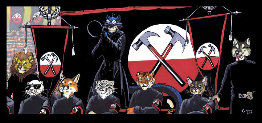 2014 armband belt canine cat eyewear fascist feline ferret flag fox genet glasses group hammer insignia lion logo male mammal music_video mustelid nazi neo_nazi pallas pink_floyd roz_gibson sunglasses the_wall tiger uniform waiting_for_the_worms wolf