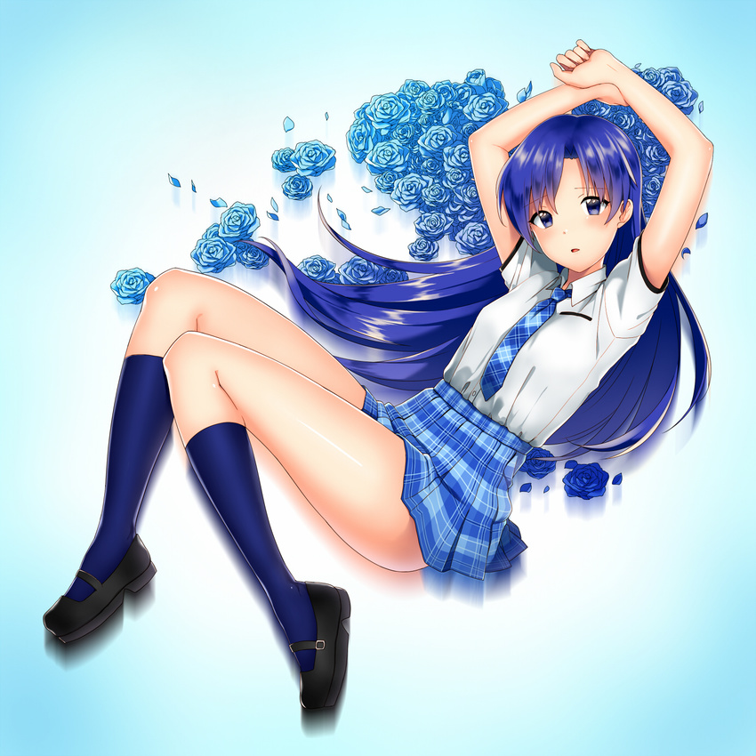 arms_up blue_eyes blue_flower blue_hair blue_legwear blue_rose flower highres hinnu@ao idolmaster idolmaster_(classic) kisaragi_chihaya kneehighs long_hair looking_at_viewer mary_janes necktie open_mouth plaid plaid_skirt rose rough_time_school school_uniform shoes skirt solo