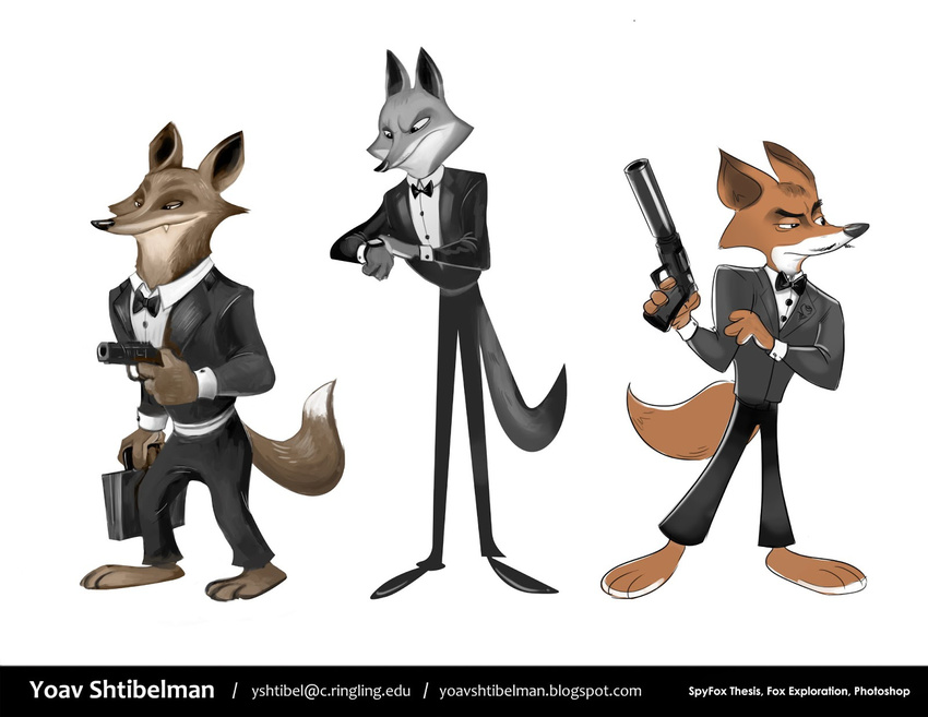 bow_tie canine classy concept_art fox gun male mammal multiple multiple_poses ranged_weapon spyfox_(short) tuxedo weapon