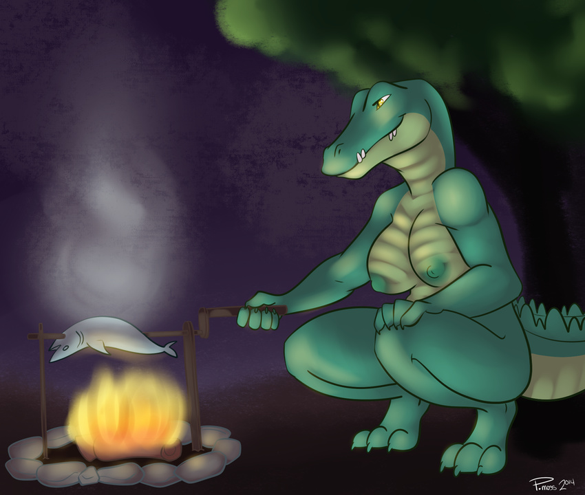 alligator anthro breasts claws crouching female fire fish food green_skin marine nipples nude p_moss reptile rocks scalie simple_background smile smoke solo teeth tree yellow_eyes