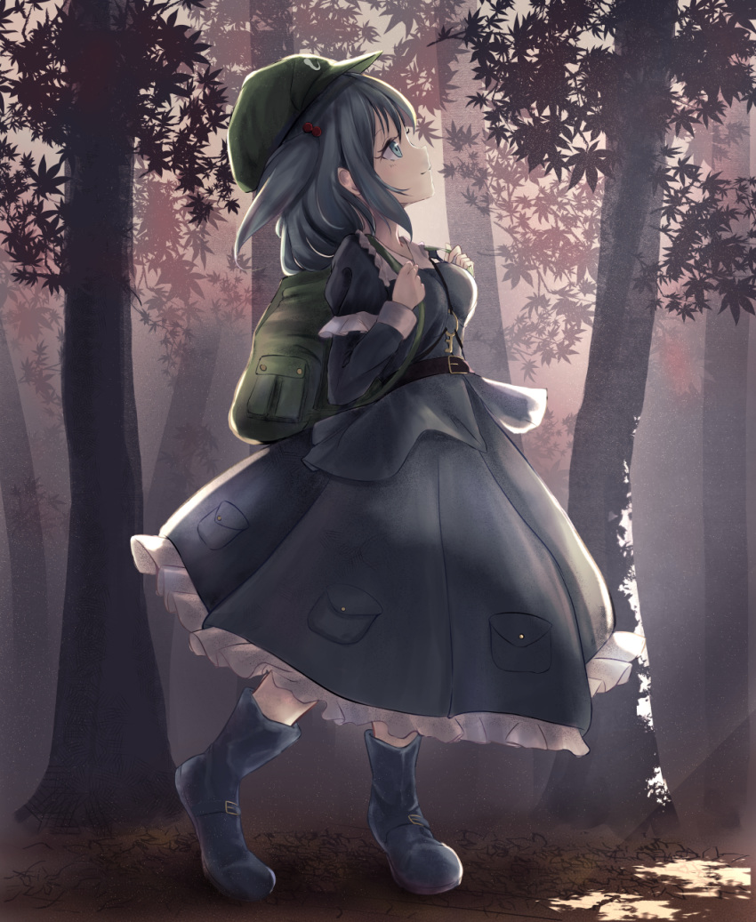 backpack bag bangs belt belt_boots blue_eyes blue_footwear blue_hair blue_skirt boots breasts collared_shirt commentary_request flat_cap frilled_shirt frills full_body hat highres kawashiro_nitori key leaf light_rays long_sleeves looking_up medium_hair petticoat pocket shirt skirt small_breasts smile solo sunbeam sunlight touhou tree two_side_up yukitourou