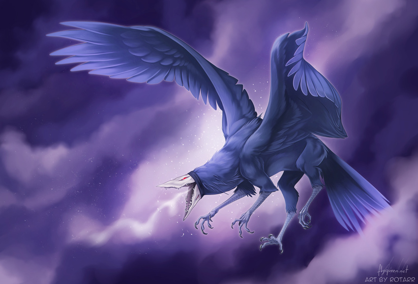 2014 avian beak blue_feathers claws cloud feral flying monster red_eyes rotarr solo unknown_species wings