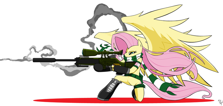 absurd_res amostheartman armband bandanna bipod blue_eyes combat_boots cutie_mark equine female fluttershy_(mlp) friendship_is_magic fur gloves gun hair hi_res leg_band long_hair mammal my_little_pony pegasus pink_hair ranged_weapon rifle scarf scope signature silencer smoke sniper sniper_rifle solo utility_belt weapon wings yellow_fur yellow_skin