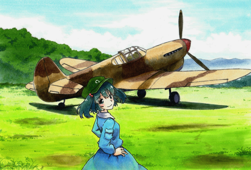 aircraft airplane aqua_eyes aqua_hair bad_id bad_pixiv_id blue_eyes bush cloud cloudy_sky commentary_request day field from_behind grass hair_bobbles hair_ornament hands_on_hips hat kawashiro_nitori long_sleeves looking_back open_mouth p-40_warhawk propeller shiratama_(hockey) shirt skirt sky smile solo touhou traditional_media two_side_up