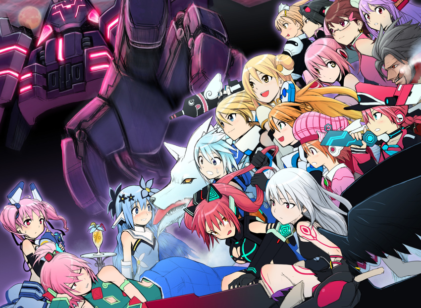 6+girls aila_(cosmic_break) animal_ears annoyed black_hair blonde_hair blue_eyes blue_hair breasts brown_hair cat_ears cigarette cleavage cosmic_break dracken duplicate elisalotte eris_(cosmic_break) everyone feng_mei flower futon hair_flower hair_ornament hair_over_one_eye hair_pull hat highres icy_(cosmic_break) ion_(cosmic_break) juice katalina_b.g. lala_ricotte long_hair maid_headdress mecha_musume melfi mialy monica_gold morizo_cs multiple_girls official_art orange_hair pink_eyes pink_hair ponytail purple_eyes purple_hair red_eyes red_hair regina_winberrl resha_(cosmic_break) robot rone_amabile rouche scared small_breasts smile smoking sweatdrop tears twintails white_hair wolf yellow_eyes