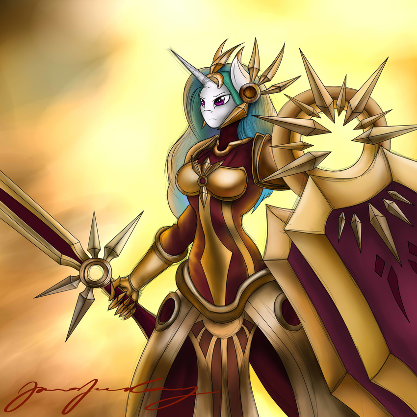 anthro anthrofied armor equine female friendship_is_magic hair horn horse league legends little mammal multi-colored_hair my_little_pony of pony princess_celestia_(mlp) purple_eyes solo weapon