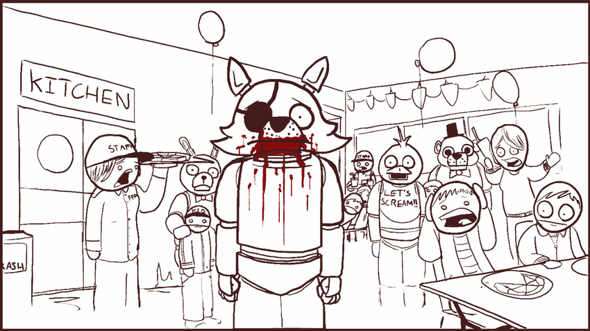 2014 animated animatronic anthro avian bear bird blood bone bonnie_(fnaf) canine chica_(fnaf) claws clothed clothing court crisis-omega crying english_text eye_patch eyewear fangs feels female five_nights_at_freddy's fox foxy_(fnaf) freddy_(fnaf) gun hook human inside lagomorph lapd looking_at_viewer male mammal monochrome newspaper pirate plain_background police prison rabbit ranged_weapon screens shower sign skeleton soap stare text toe_claws tongue weapon white_background white_eyes