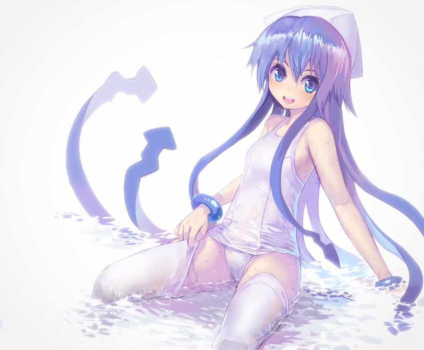 blue_eyes blue_hair blush bracelet chikokuma ikamusume jewelry long_hair looking_at_viewer one-piece_swimsuit panties school_swimsuit shinryaku!_ikamusume solo swimsuit tentacle_hair thighhighs thighhighs_pull underwear very_long_hair water wet white_legwear white_school_swimsuit white_swimsuit